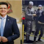 Cantor Marcelo Aguiar é detido: retrato do deputado de terno ao lado de imagem dele amparado por policiais após a confusão em bar de São Paulo