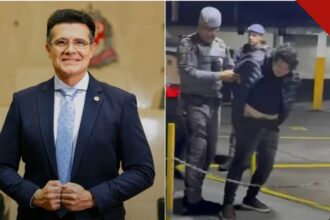 Cantor Marcelo Aguiar é detido: retrato do deputado de terno ao lado de imagem dele amparado por policiais após a confusão em bar de São Paulo