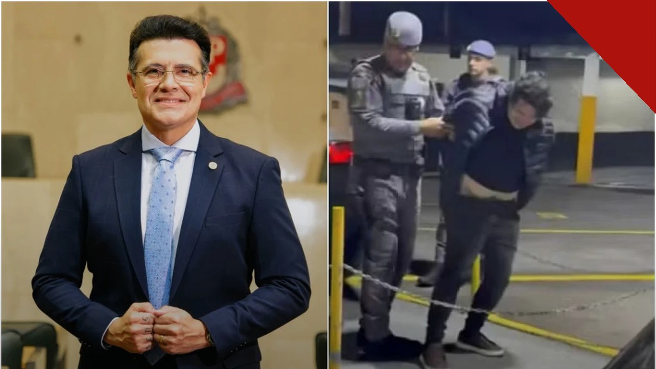 Cantor Marcelo Aguiar é detido: retrato do deputado de terno ao lado de imagem dele amparado por policiais após a confusão em bar de São Paulo