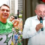 Flávio tem 52% dos votos válidos: montagem com Flávio Bolsonaro sorrindo em ato de rua e Lula falando ao microfone diante da bandeira do Brasil