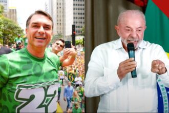 Flávio tem 52% dos votos válidos: montagem com Flávio Bolsonaro sorrindo em ato de rua e Lula falando ao microfone diante da bandeira do Brasil
