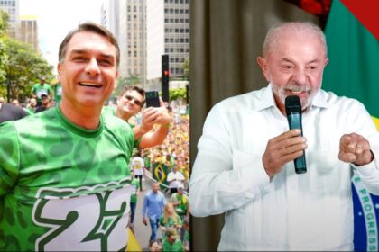 Flávio tem 52% dos votos válidos: montagem com Flávio Bolsonaro sorrindo em ato de rua e Lula falando ao microfone diante da bandeira do Brasil
