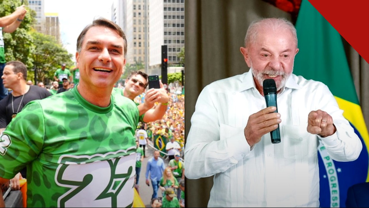 Flávio tem 52% dos votos válidos: montagem com Flávio Bolsonaro sorrindo em ato de rua e Lula falando ao microfone diante da bandeira do Brasil