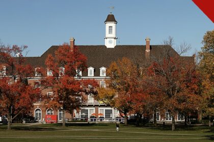 estudantes escrevem o Evangelho de João na calçada da Universidade de Illinois, e a imagem mostra o Main Quad do campus de Urbana-Champaign, onde a escrita em giz foi feita