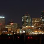 padre de Kansas City confessa furto de 160 mil dólares da paróquia Curé of Ars, e a imagem mostra o skyline de Kansas City à noite, cidade da região onde fica a paróquia de Leawood
