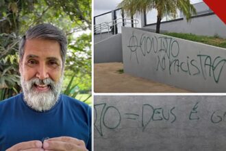 igreja em Brasília sofre ataque com pichações após eleições com frases ofensivas à fé cristã nas paredes, e a imagem mostra a fachada da congregação Núcleo da Fé Noroeste, na capital federal
