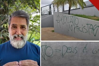 igreja em Brasília sofre ataque com pichações após eleições com frases ofensivas à fé cristã nas paredes, e a imagem mostra a fachada da congregação Núcleo da Fé Noroeste, na capital federal