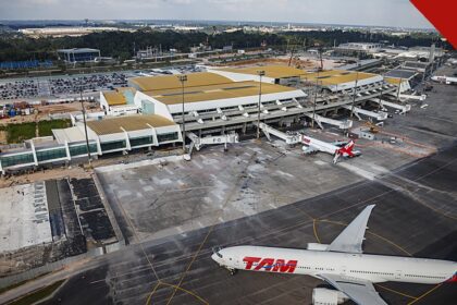 Operação Gatekeeper prende suspeitos em Manaus: vista aérea do Aeroporto Internacional Eduardo Gomes, em Manaus, com aeronaves no pátio, local investigado pela Polícia Federal