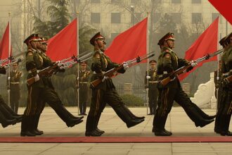China anuncia nova purga de generais e oficiais por corrupção em comunicado divulgado na quinta-feira, e a imagem mostra soldados da guarda de honra chinesa em formação com bandeiras vermelhas, em foto de arquivo