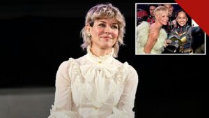 Evangeline Lilly deixa Hollywood pela fé: a atriz, de blusa branca rendada, em coletiva da franquia Homem-Formiga em Tóquio
