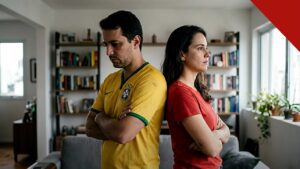 Política afeta casamentos cristãos no Brasil: casal de costas um para o outro, de braços cruzados, em imagem ilustrativa de divergência conjugal