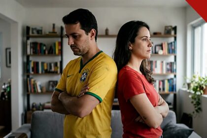 Política afeta casamentos cristãos no Brasil: casal de costas um para o outro, de braços cruzados, em imagem ilustrativa de divergência conjugal