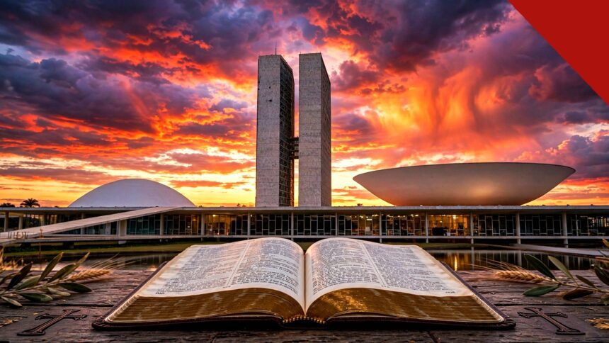 Congresso Nacional com Bíblia aberta em destaque ao entardecer, capa do Hugo Gospel