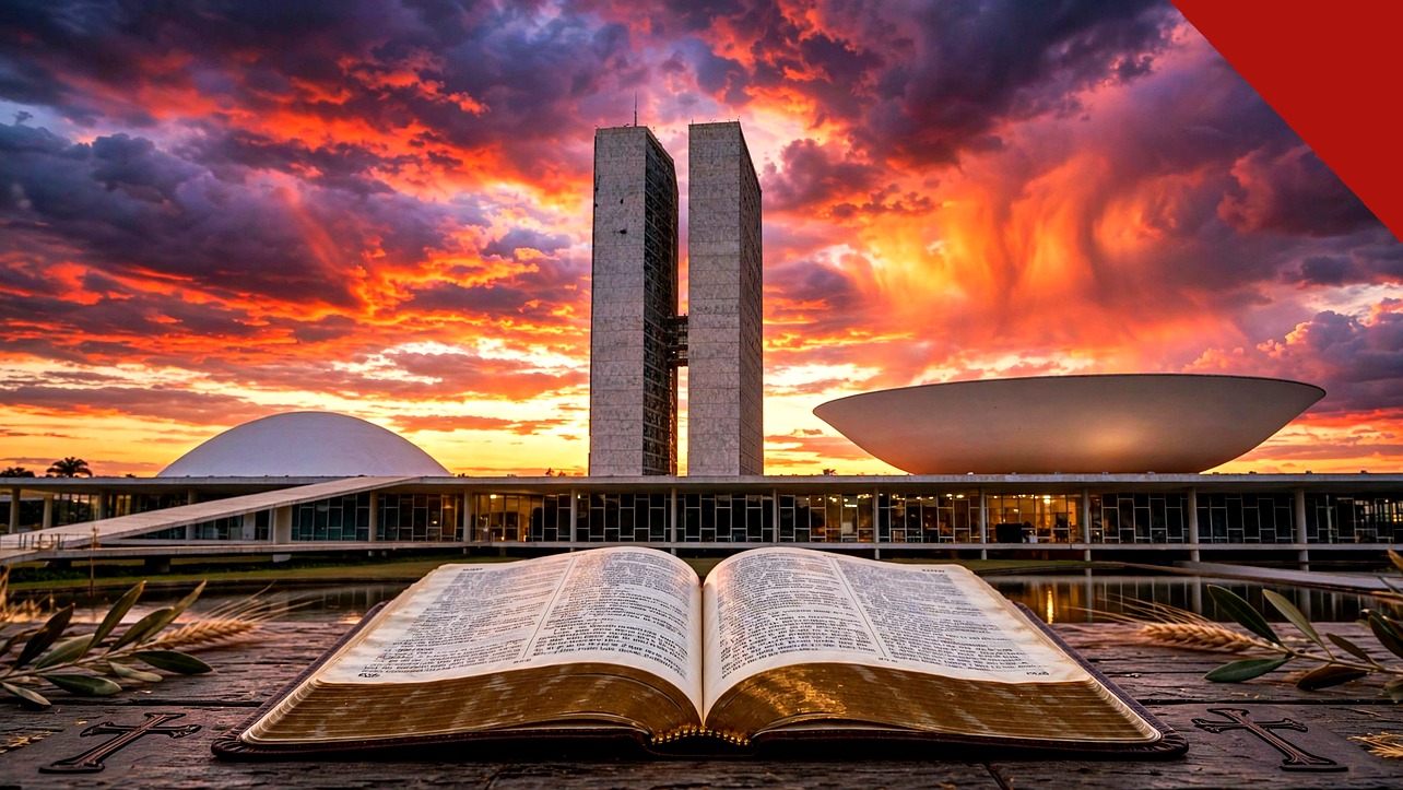Congresso Nacional com Bíblia aberta em destaque ao entardecer, capa do Hugo Gospel