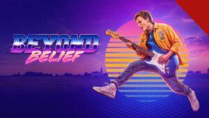 Filme da banda Petra: arte oficial de Beyond Belief, com o jovem roqueiro Andy e sua guitarra em cenário retrô dos anos 1980