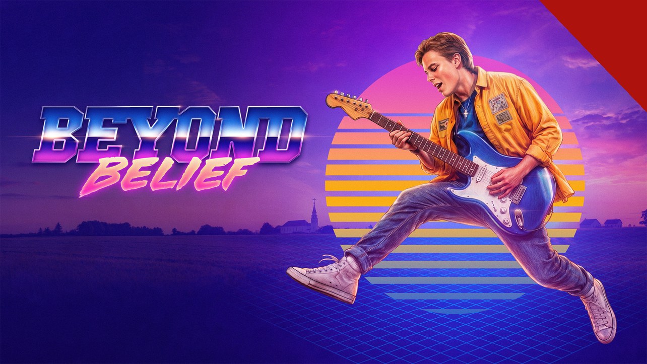 Filme da banda Petra: arte oficial de Beyond Belief, com o jovem roqueiro Andy e sua guitarra em cenário retrô dos anos 1980