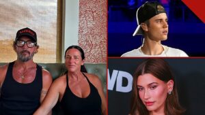 Carl Lentz expulso pelos Bieber: montagem com Carl Lentz e a esposa, Laura Lentz, à esquerda, Justin Bieber no alto e Hailey Bieber abaixo, os dois casais citados no livro Overcoming Infidelity