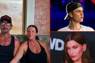 Carl Lentz expulso pelos Bieber: montagem com Carl Lentz e a esposa, Laura Lentz, à esquerda, Justin Bieber no alto e Hailey Bieber abaixo, os dois casais citados no livro Overcoming Infidelity