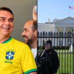 Flávio Bolsonaro publica carta à nação: o senador sorrindo com a camisa da seleção brasileira ao lado da Casa Branca, em Washington