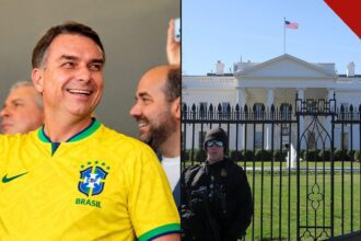 Flávio Bolsonaro publica carta à nação: o senador sorrindo com a camisa da seleção brasileira ao lado da Casa Branca, em Washington