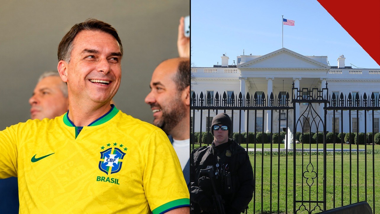 Flávio Bolsonaro publica carta à nação: o senador sorrindo com a camisa da seleção brasileira ao lado da Casa Branca, em Washington