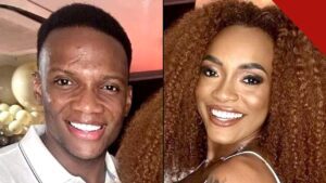 Diogo Vitório ex de Patrícia Ramos ao lado da influenciadora em foto da época do casamento, ele de camisa branca e ela de vestido branco em festa com balões