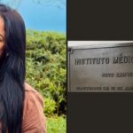Retrato da cantora gospel Gisele Nascimento ao lado da placa do Instituto Médico-Legal (IML) do Rio de Janeiro, para onde a família foi fazer o exame de corpo de delito; a filha Isabela Nascimento defendeu o irmão Israel