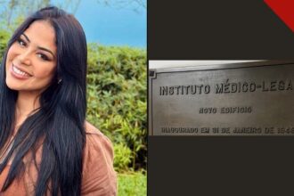 Retrato da cantora gospel Gisele Nascimento ao lado da placa do Instituto Médico-Legal (IML) do Rio de Janeiro, para onde a família foi fazer o exame de corpo de delito; a filha Isabela Nascimento defendeu o irmão Israel