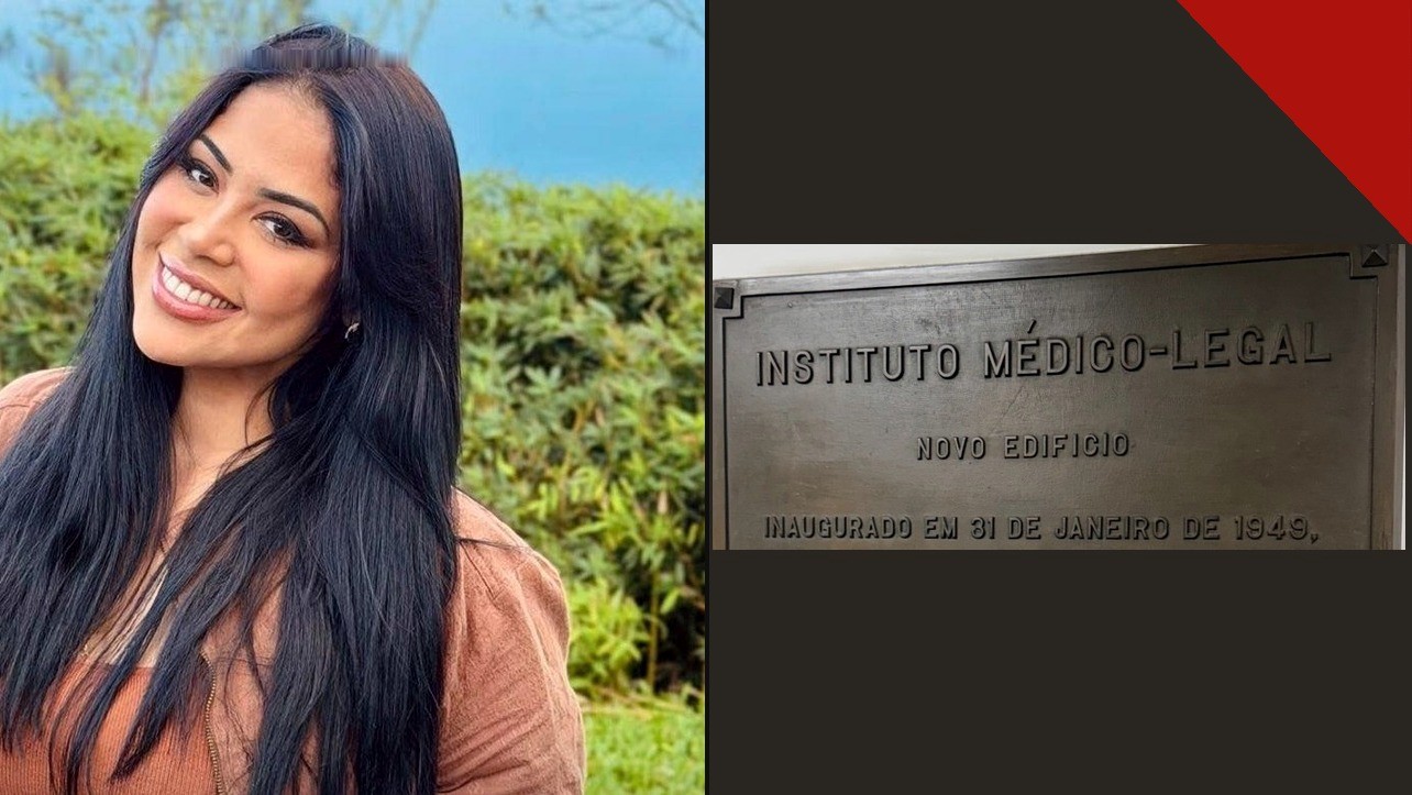 Retrato da cantora gospel Gisele Nascimento ao lado da placa do Instituto Médico-Legal (IML) do Rio de Janeiro, para onde a família foi fazer o exame de corpo de delito; a filha Isabela Nascimento defendeu o irmão Israel