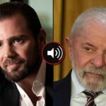 Daniel Vorcaro e o presidente Lula lado a lado, com símbolo de áudio entre eles.