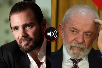Daniel Vorcaro e o presidente Lula lado a lado, com símbolo de áudio entre eles.
