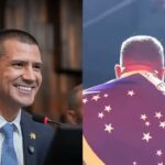 Douglas Ruas e o pastor Chris Beleke com a bandeira do Brasil nos ombros