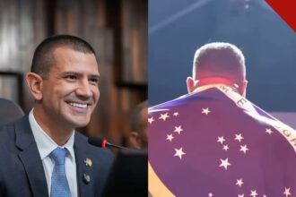 Douglas Ruas e o pastor Chris Beleke com a bandeira do Brasil nos ombros