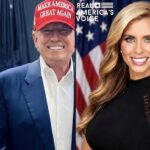 Katie Zacharia ao lado de Donald Trump e em arte do anúncio como nova secretária de imprensa da Casa Branca