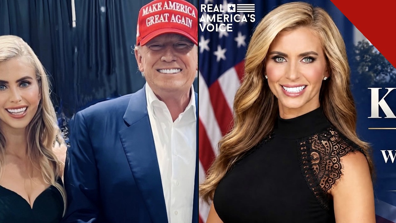 Katie Zacharia ao lado de Donald Trump e em arte do anúncio como nova secretária de imprensa da Casa Branca