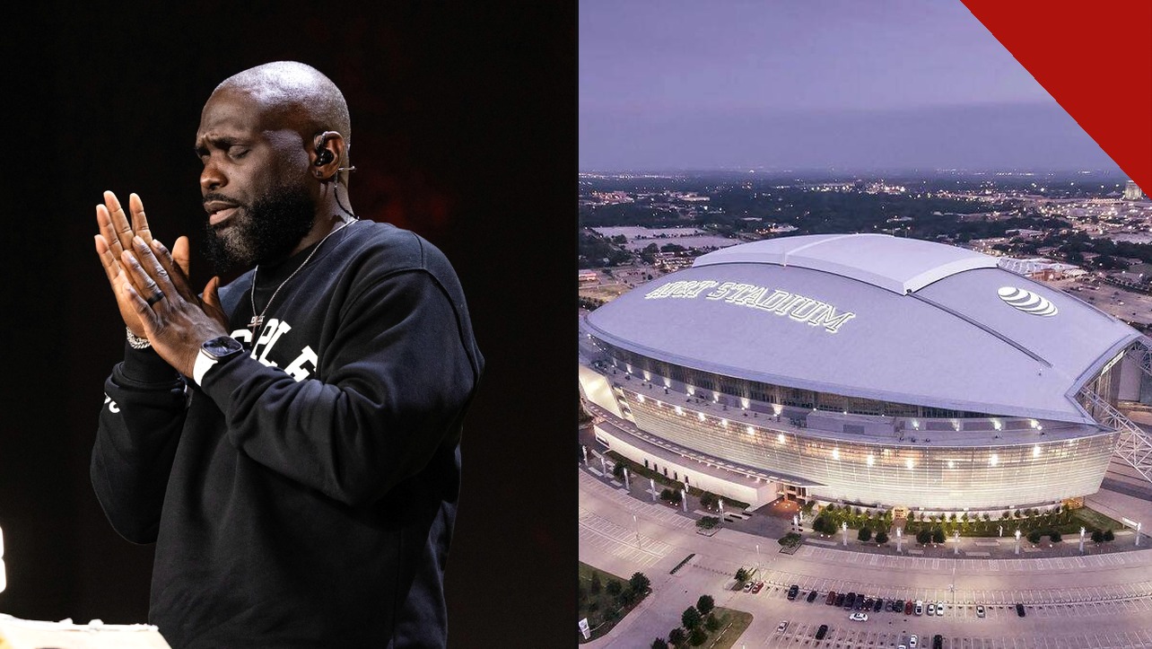 Pastor Philip Anthony Mitchell em oração e vista aérea do AT&T Stadium, palco do evento ACCESS da Igreja 2819