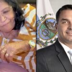 Mãe de Carlinhos Maia apoia Flávio Bolsonaro: Dona Maria segura o celular com o papel da promessa, ao lado da foto oficial do senador Flávio Bolsonaro