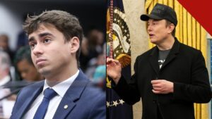 Musk parabeniza Nikolas Ferreira: o deputado federal e o bilionário Elon Musk, dono do X, em montagem do Hugo Gospel