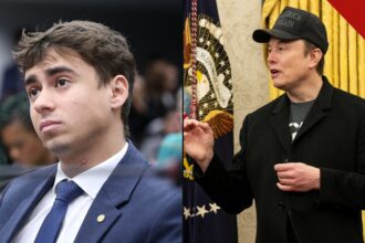 Musk parabeniza Nikolas Ferreira: o deputado federal e o bilionário Elon Musk, dono do X, em montagem do Hugo Gospel