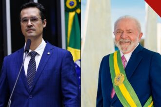 Deltan Dallagnol sigilos de Lula: o senador eleito e ex-procurador da Lava Jato ao lado do presidente Lula, em composição com fotos da Câmara dos Deputados e da Presidência da República