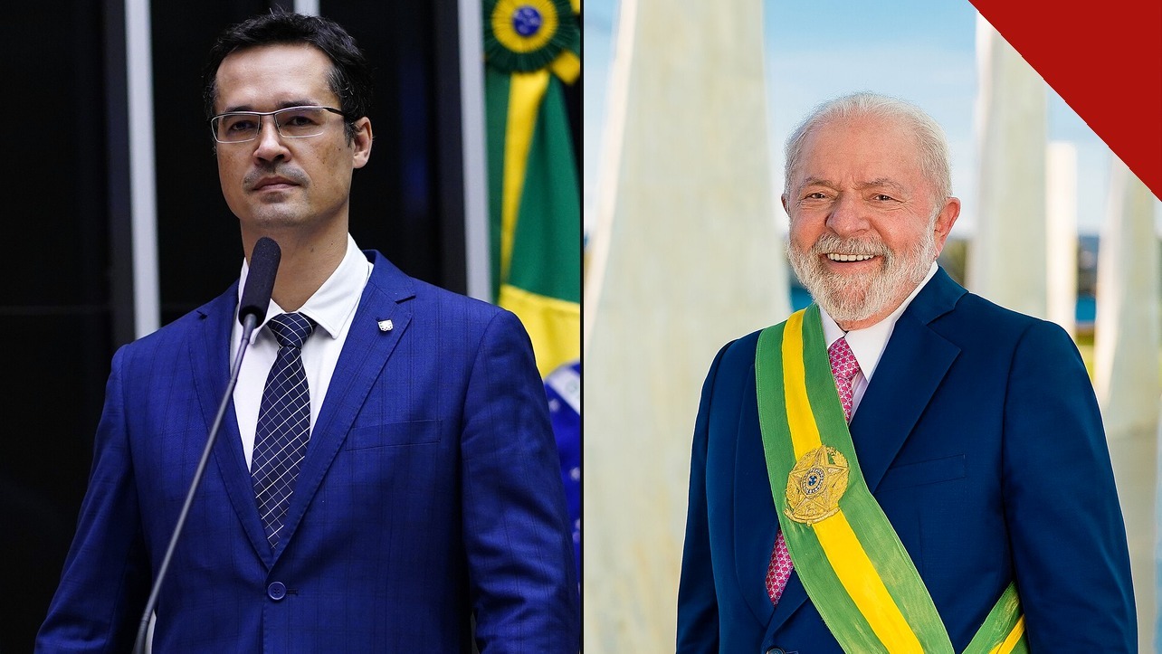 Deltan Dallagnol sigilos de Lula: o senador eleito e ex-procurador da Lava Jato ao lado do presidente Lula, em composição com fotos da Câmara dos Deputados e da Presidência da República