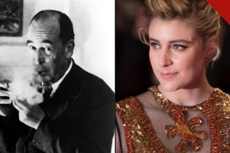 O escritor C.S. Lewis ao lado da cineasta Greta Gerwig, diretora do novo filme de Nárnia da Netflix e alvo da petição contra Greta Gerwig criada por fãs cristãos