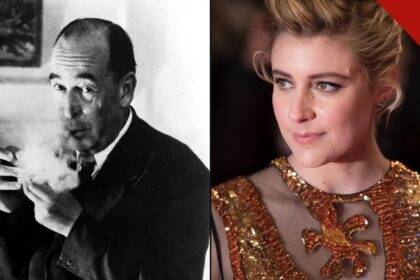 O escritor C.S. Lewis ao lado da cineasta Greta Gerwig, diretora do novo filme de Nárnia da Netflix e alvo da petição contra Greta Gerwig criada por fãs cristãos