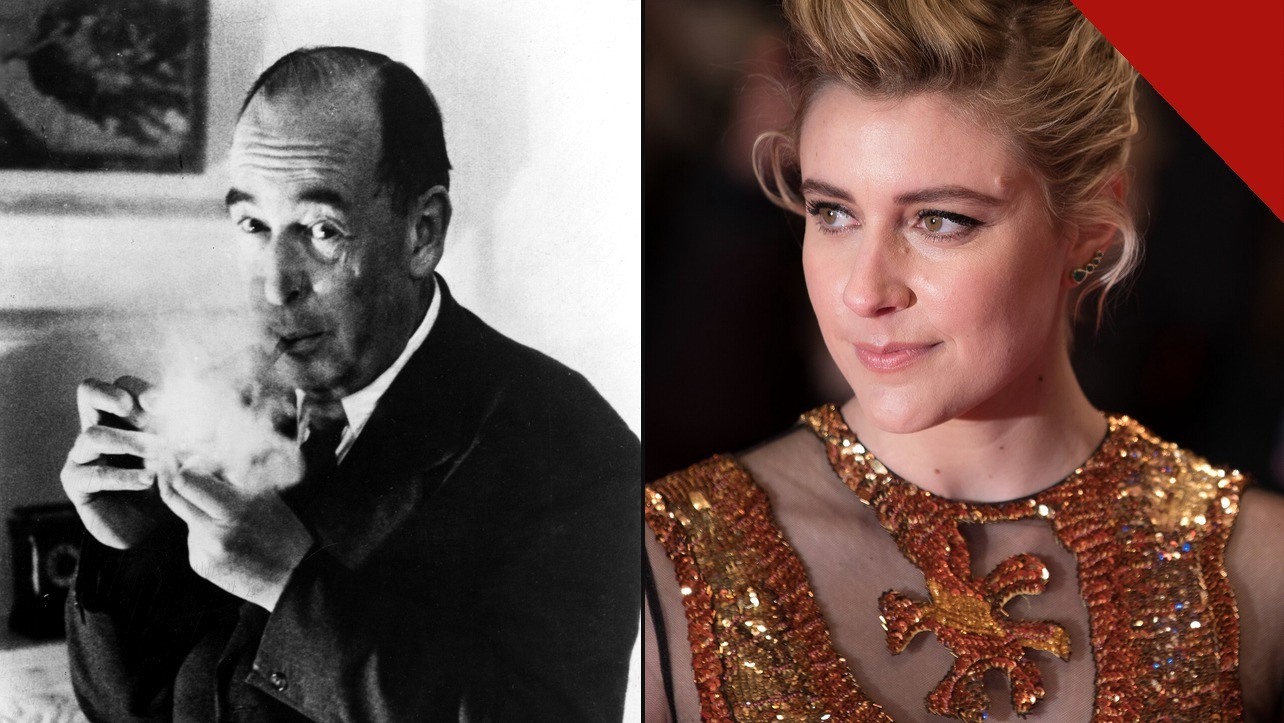 O escritor C.S. Lewis ao lado da cineasta Greta Gerwig, diretora do novo filme de Nárnia da Netflix e alvo da petição contra Greta Gerwig criada por fãs cristãos