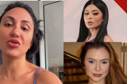 Dayanne Bezerra em vídeo em que usa o termo crenterifa para criticar influenciadoras evangélicas que promovem rifas, ao lado de Rayssa Buq e Mirela Janis