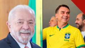 Voto dos presos no segundo turno: presidente Lula sorrindo ao lado de Flávio Bolsonaro com a camisa da seleção brasileira