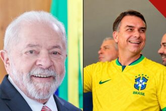 Voto dos presos no segundo turno: presidente Lula sorrindo ao lado de Flávio Bolsonaro com a camisa da seleção brasileira