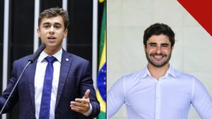 Nikolas Ferreira na tribuna da Câmara e Pedro Rousseff, que pediu à PGR a apreensão do passaporte de Nikolas Ferreira