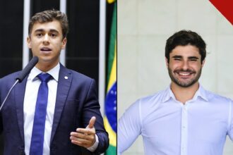 Nikolas Ferreira na tribuna da Câmara e Pedro Rousseff, que pediu à PGR a apreensão do passaporte de Nikolas Ferreira