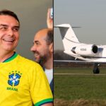 Avião de Flávio Bolsonaro pousa em Miami: o senador em foto de arquivo ao lado de um jato executivo Gulfstream G400 em pista